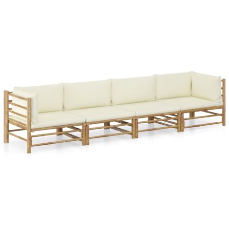 Salon de jardin 4 pcs avec coussins blanc crème bambou