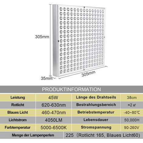 VINGO Pflanzenlampe 45W LED Grow Light Pflanzenlicht 225 LEDs Rot Blau