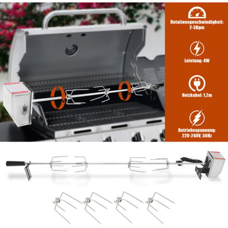 TolleTour BBQ Grillspieß 117cm 220 240V aus Edelstahl 4 Fleischklammern