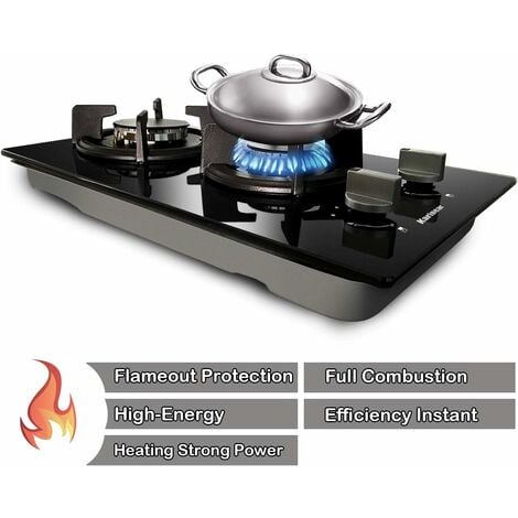 Karinear 30cm Built In 2 Burners Gas Hob Black Tempered Glass Gas