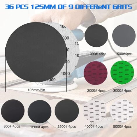 Set Di 36 Dischi Abrasivi Rotondi Carta Vetrata Da 125 Mm Dischi