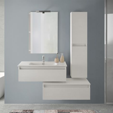 Mobile Bagno Sospeso 80 Rovere Bianco Con 2 Cassetti E Pensile Nadia