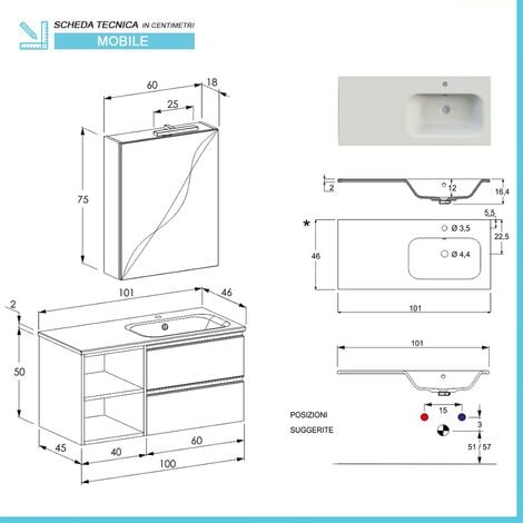 Mobile Bagno Sospeso Cm Master Bianco Con Lavandino E Specchio