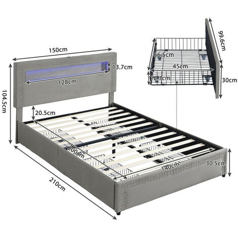 Polsterbett Mit Schubladen Led Beleuchtung Usb Anschluss Samt