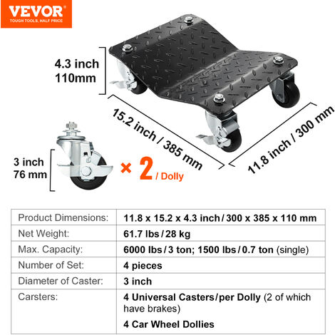 VEVOR Carrello Sposta Auto Moto Sottoruote 4 Pezzi Carico Singolo 700kg