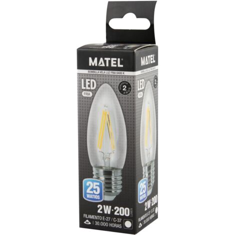 Bombilla LED Filamento Vela Clara E27 2W Fría Matel