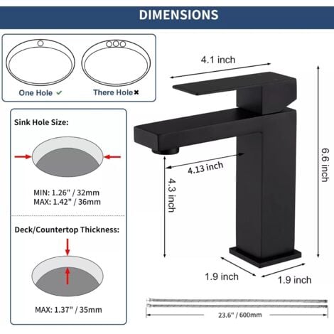 Mitigeur Lavabo Cascade Noir Acier Inoxidable Levier Unique Eau Chaude