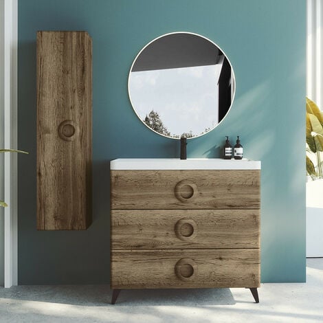 MUEBLE DE BAÑO IRATI 80 CON PATAS CROMO 3C ROBLE TABAC LAVABO COSMOS