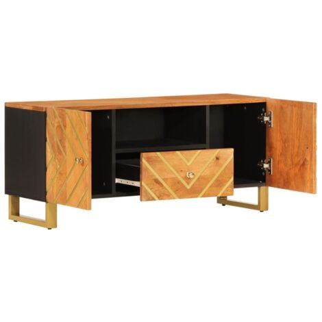 Mueble de TV Mesa TV madera maciza mango marrón y negro 105x33 5x46 cm