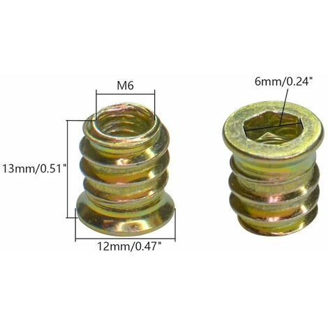 Lot de 20 écrous filetés pour meubles en bois M6 x 13 mm