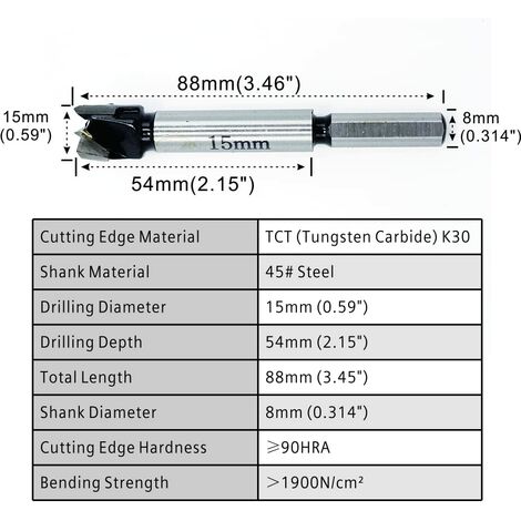 Forstner forets 15mm carbure de tungstène bois trou scie tarière ouvre