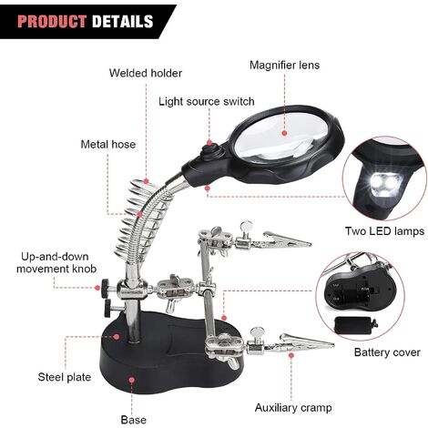 Troisième Main 3 5 x 12 x Loupe de Table Support 2 LEDs Loupe sur Pied