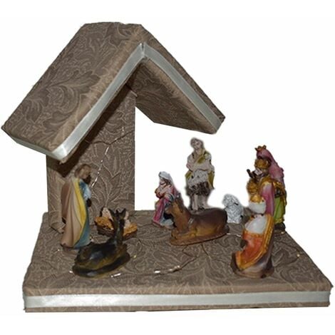 Capanna Legno Tessuto Beige Nativit Con Luci Statuine Pastori Sacra