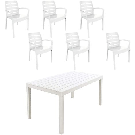 Set Sedia Con Braccioli E Tavolo Da Giardino In Resina Bianco Per