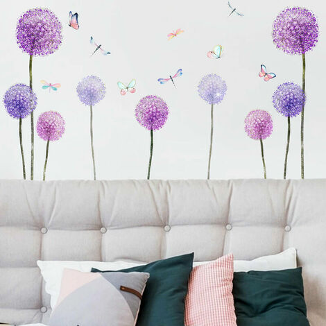 Stickers Muraux Pissenlits Violet Autocollants Mural Fleurs Papillons