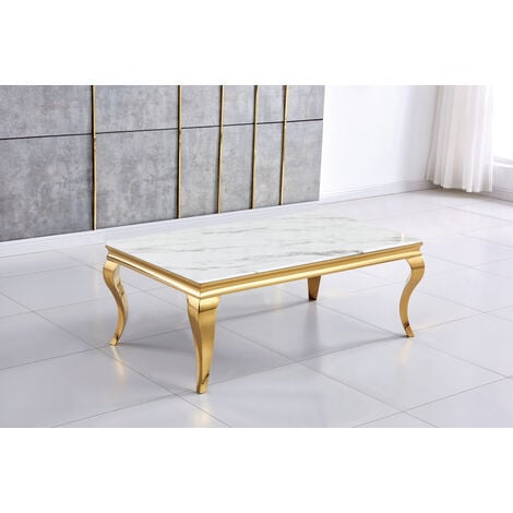 Table Basse Baroque Gold Verre Effet Marbre Blanc X X Cm