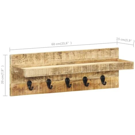 Perchero De Pared Madera Maciza De Mango Sin Tratar 60x15x20 Cm VidaXL