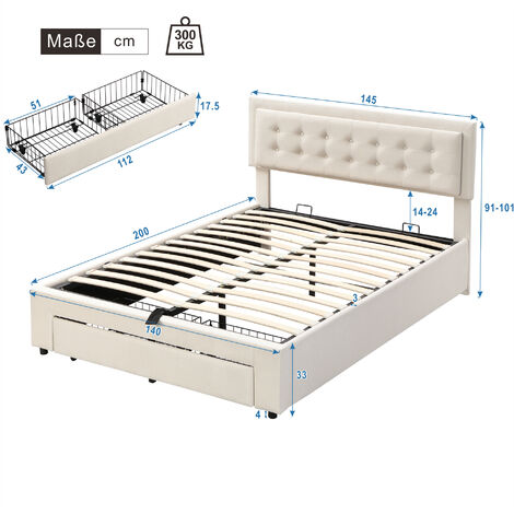 Lit Coffre Adulte Double Hydraulique X Cm Avec Tiroirs