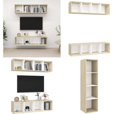 Meubles TV muraux 2 pcs Blanc et chêne sonoma Bois d ingénierie