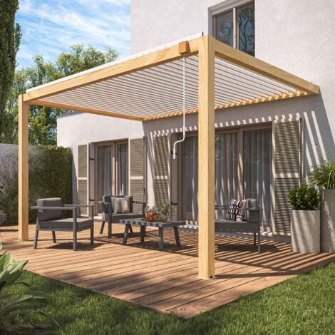 Pergola Bioclimatica Addossata Con Decoro In Legno Bianco 1 Tenda