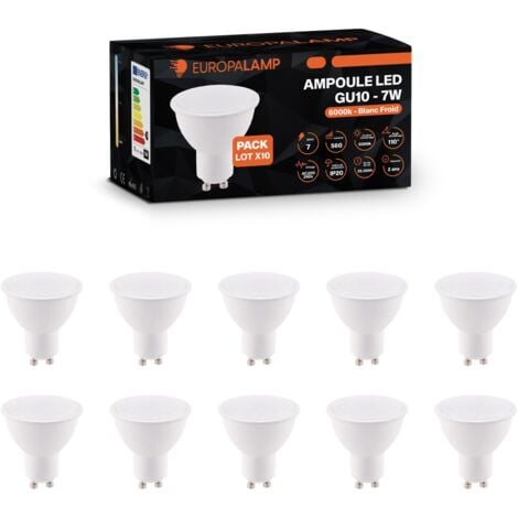 10 Ampoules GU10 7W eq 50W Blanc Froid 6000K Haute Luminosité