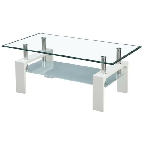 Mesa De Centro 110x60 Cm Blanca Con Dos Estantes De Cristal Titania