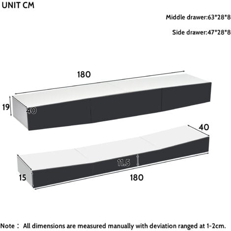 Meuble TV LED 180 X 40 X 19 Cm Suspendu Haute Brillance Support TV