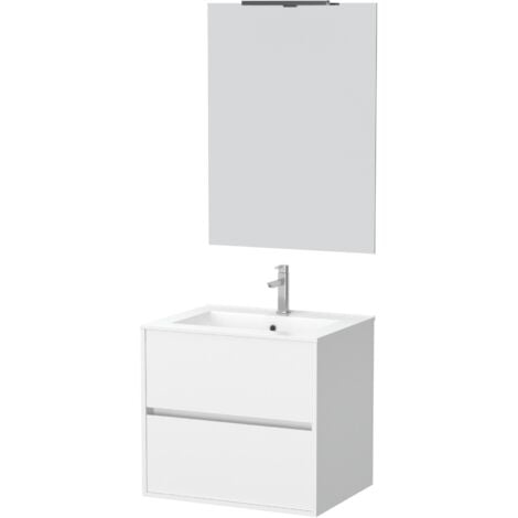 Pack Meuble Salle De Bains 60cm Blanc 2 Tiroirs Vasque Miroir 60x80