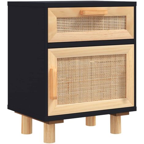 Bedside Cabinet Black Solid Wood Pine And Natural Rattan Vidaxl