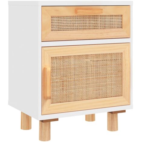 Bedside Cabinet White Solid Wood Pine And Natural Rattan Vidaxl