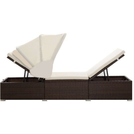 The Living Store Sonnenliege Mit Dach Und Kissen Poly Rattan Braun