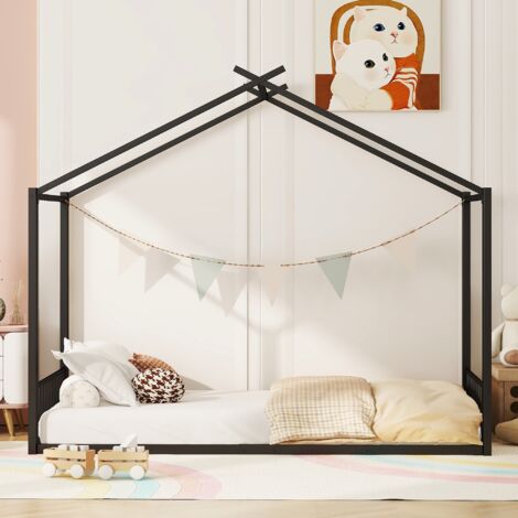 Lit cabane enfant 90x200cm base de métal 1 sommier lit cabane