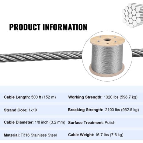 Mophorn 316 Stainless Steel Cable 1 8 1x19 Steel Cable Wire Rope 150M