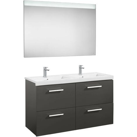 Conjunto De Mueble Cajones Lavabo Doble Y Espejo Led Prisma Roca