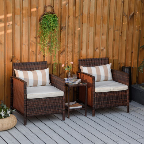 Outsunny 3 PC Outdoor Rattan Sofa Set W Chairs Coffee Table Cushion Brown