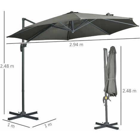 Outsunny Cantilever Roma Parasol Rotation W Hand Crank Base Grey