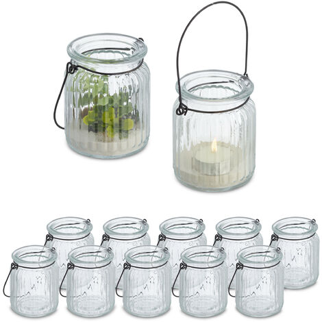 Relaxdays Windlicht 12er Set Glas mit Henkel innen außen 9 5 x 8