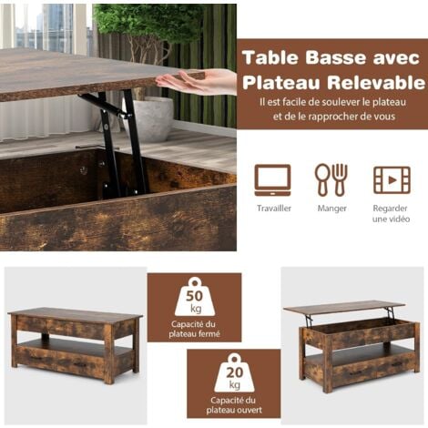 COSTWAY Table Basse Relevable Avec 2 Tiroirs Table Basse Salon