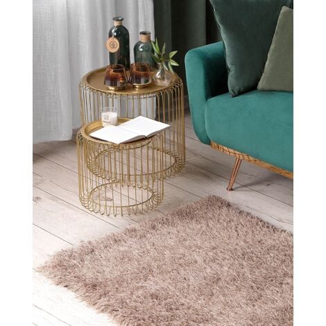 Tapis Shaggy Poil Long Beige En Polyester Et Coton Pour Chambre Ou