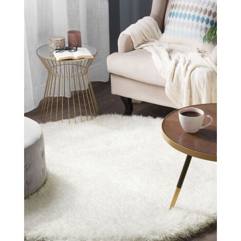 Tapis Rond Poil Long Blanc En Polyester Et Coton Pour Chambre Ou Salon