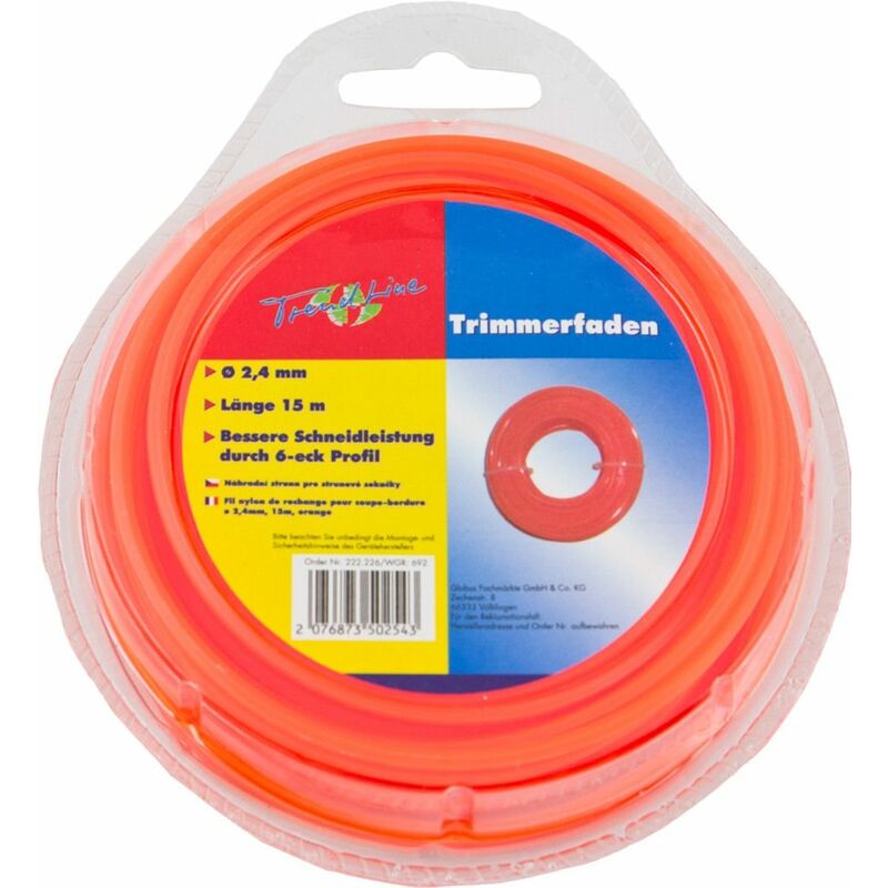 TrendLine Ersatzfaden Ø 2 4 mm Länge 15 m Trimmerfaden Mähfaden Orange