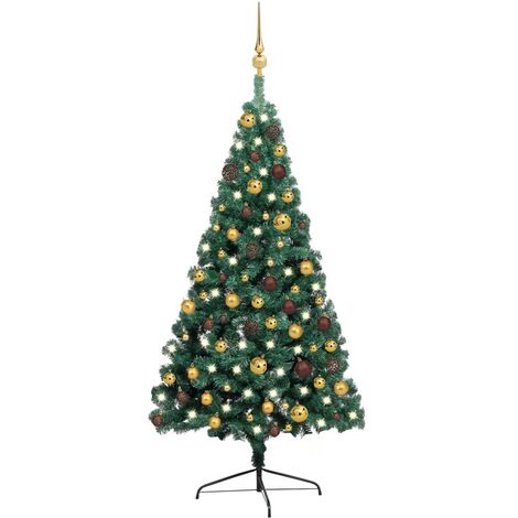 Demi arbre de Noël artificiel pré éclairé et boules vert 120 cm