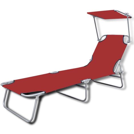 Chaise Longue Pliable Avec Auvent Acier Et Tissu Rouge