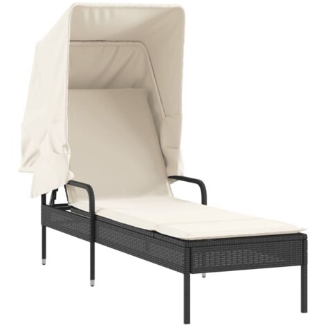 Chaise longue avec auvent et table noir résine tressée