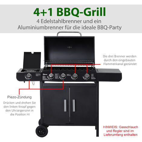 Outsunny Gasgrill BBQ Grillwagen Mit 4 Brennern 1 Seitenbrenner