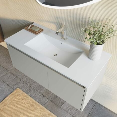 Mobile Bagno 100Cm Sabbia Opaco Lavabo Specchio Goccia 100X85 Monaco