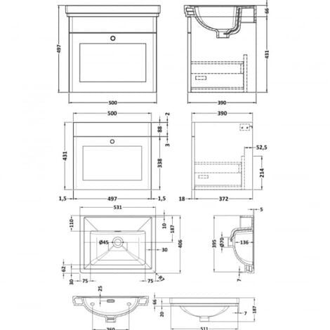 Nuie Classique Wall Hung 1 Drawer Vanity Unit With Basin 500mm Wide