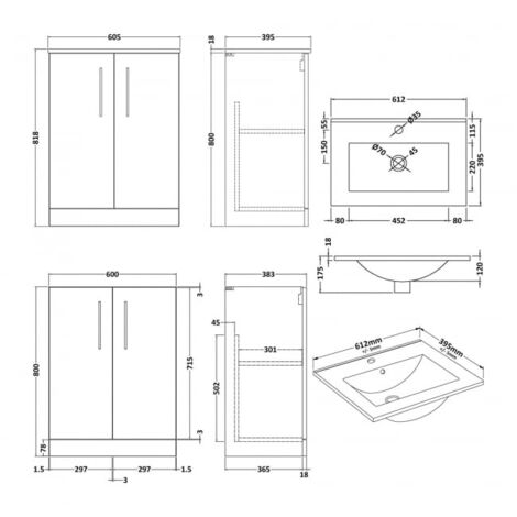 Nuie Arno Floor Standing 2 Door Vanity Unit With Basin 2 600mm Wide