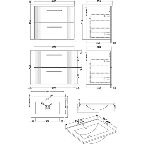 Nuie Deco Wall Hung Drawer Vanity Unit With Basin Mm Wide