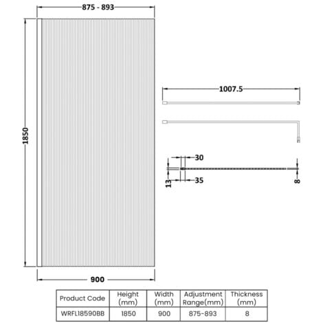 Nuie Fluted Wet Room Screen 1850mm High X 900mm Wide With Support Bar